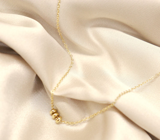 14k Yellow Gold Three Beads Delicate Necklace Choker