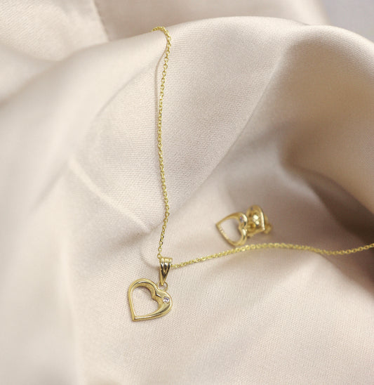 Solid 14k Yellow Gold, Open Heart Pendant Necklace and Earrings Set